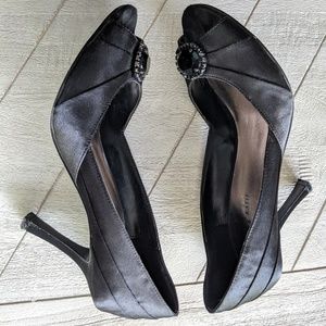 Black Satin Jeweled Peeptoe Pumps (SIZE 8)